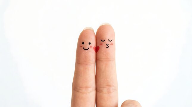 Two fingers with happy faces in love kissing