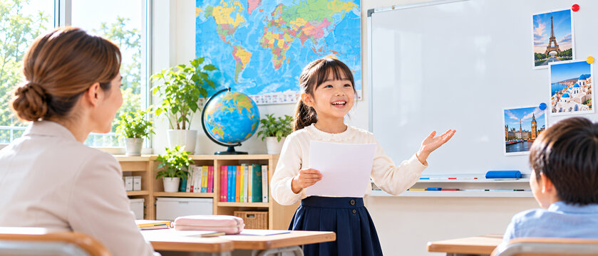 英会話教室で先生や友達の前で笑顔で発表する小学生の女の子