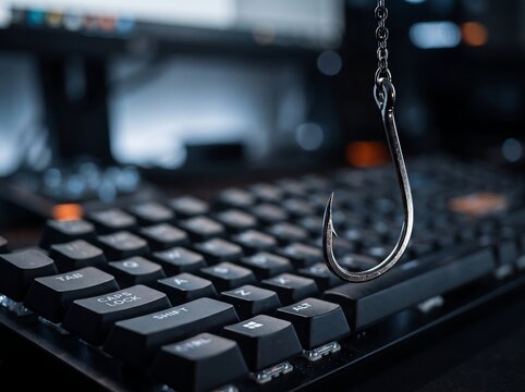 Close up of a metallic fishing hook placed on a black laptop keyboard with cyber security internet scam digital crime internet safety online fraud keyboard phishing