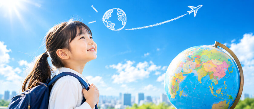 青空と地球儀を前に世界への夢を膨らませる小学生の女の子
