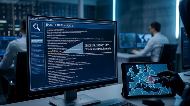 A cybersecurity professional analyzes email headers on a computer screen and tracks potential cyber threats on a digital map, revealing an attack origin from Romania.