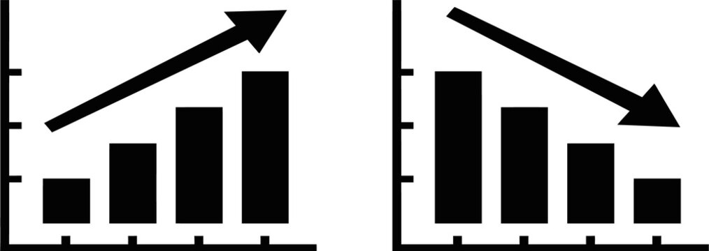 Black and white bar charts showing business growth and decline with directional arrows isolated