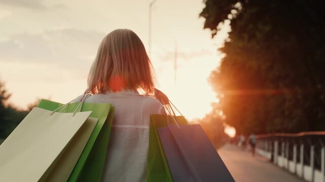 Young woman walks with shopping bags during golden hour sunset light, cinematic footage.