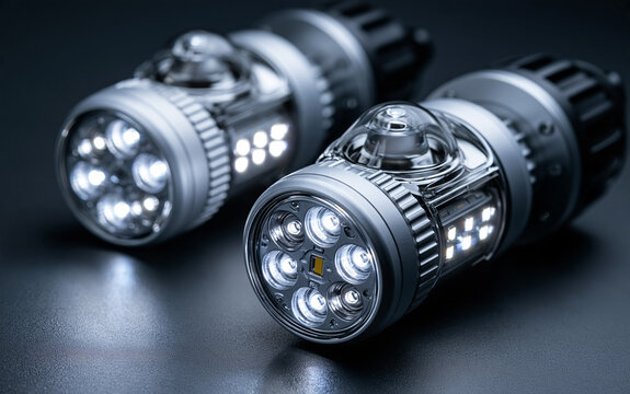 Automotive lighting and vehicle maintenance, modern led headlight bulbs for car repair and energy efficient transportation technology on a grey background
