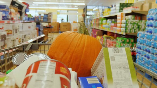 Grocery shopping cart moving through supermarket aisles with large orange pumpkin and assorted canned goods during autumn season.
