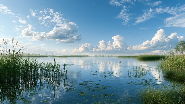 simple realistic science‑popular illustration, ecologically restored clear lake, aquatic plants in shallow water, sky reflected on lake surface,