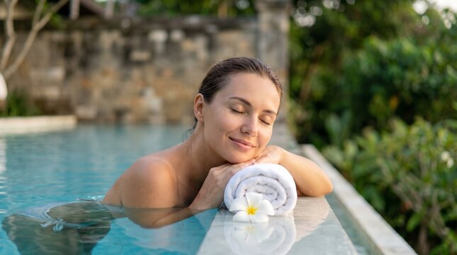 Peaceful woman unwinding in a tranquil pool at a tropical spa resort, eyes closed in blissful relaxation and self-care
