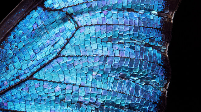 Extreme macro close-up of a blue Morpho butterfly wing showing detailed iridescent scales and vein structure, macro abstract background