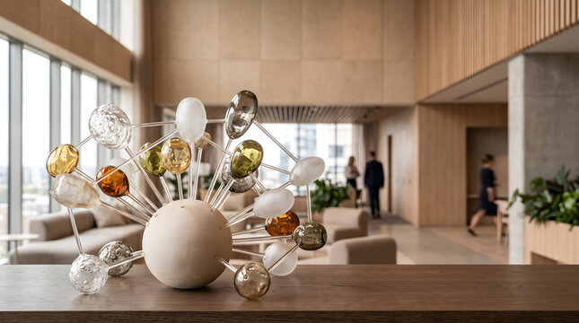 Abstract molecular glass sculpture with amber and clear spheres displayed on wooden table in modern corporate office lobby with blurred people walking in background