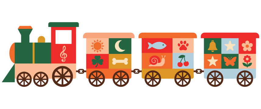 Toy train with colorful animal nature and musical symbols for kids education graphic art.