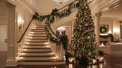 Obraz premium Grand foyer beautifully decorated for Christmas, featuring a tall, illuminated tree and a curving staircase with festive garland