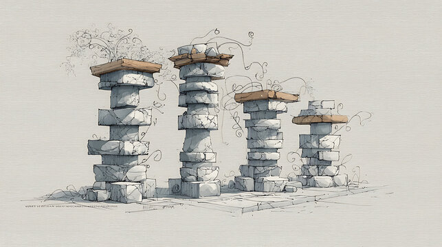 Hand-drawn illustration of four ancient stone pillars with wooden platforms and climbing vines