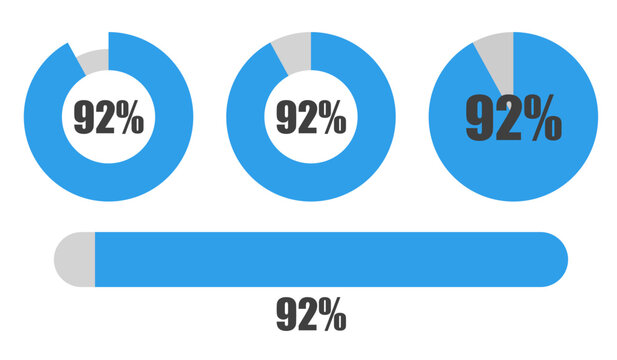 92％の円グラフとプログレスバーセット パーセンテージ表示アイコン素材　92 Percent Chart and Progress Bar Set Circle Graph and UI Elements