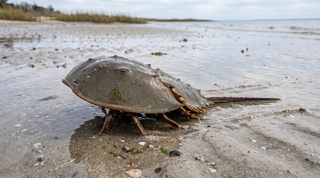 Atlantic Horseshoe Crab Moving Across a Wet Coastal Tidal Flat
