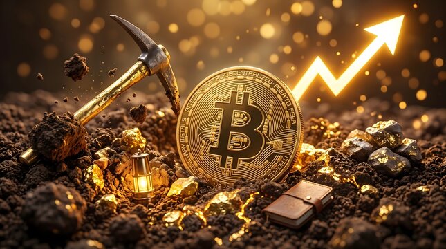 Bitcoin mining concept with gold coin pickaxe and growth arrow in dirt
