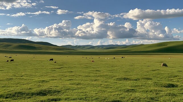 simple documentary science‑popular picture, restored degraded grassland full of vitality, rolling grassland, scattered cattle and sheep, distant hills