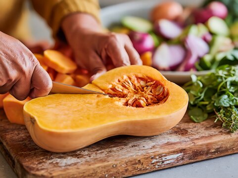 Hands cutting a halved butternut squash on a rustic wooden board with knife, seeds, fresh vegetables, and herbs in a kitchen food preparation scene