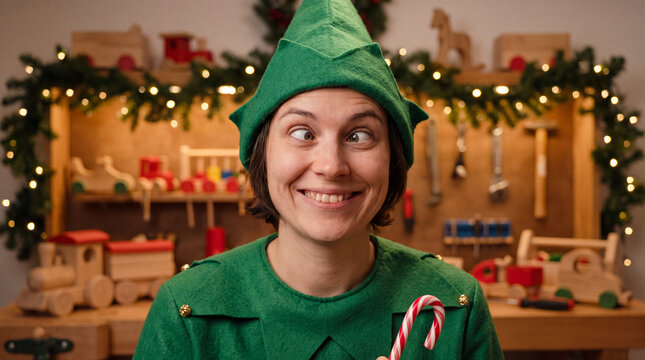 Silly Christmas elf making crossed eyes with candy cane for playful holiday social media posts