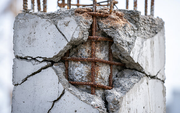 Severely damaged concrete pillar shows large cracks, spall. Rusted steel rebar mesh exposed inside broken cement column. Industrial infrastructure decay at construction site abandoned building.
