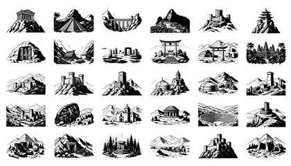 Fototapeta premium A set of solid silhouette and line art icons on a white background, featuring historical landmarks, ancient sites, civilizations, castles, temples, shrines, ancient architecture, and archaeological