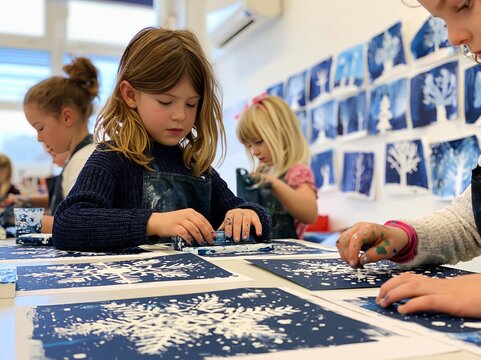 Children creating blue and white prints with paint and art materials at tables alongside an adult in a bright classroom, collaborative elementary school art lesson