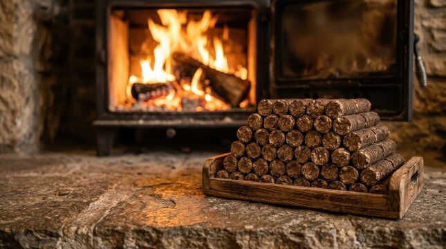 Cozy fireplace with a stack of firewood and glowing flames creating a warm rustic ambiance for winter