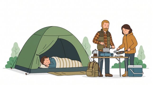 Couple camping cooking breakfast while child sleeps in tent