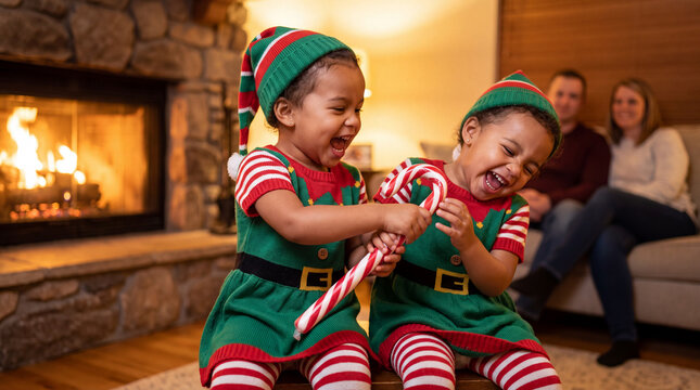 Two mixed toddler girls in elf dresses laughing together by fireplace for Christmas marketing banners