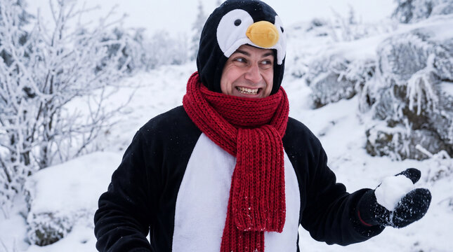 Funny penguin in red scarf holding snowball for cheerful winter holiday marketing banners and cards