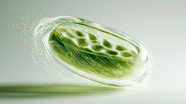 simple modern scientific visualization, chloroplast structure in plant cell, photosynthesis concept, soft flowing light‑energy particles, pale green and white palette