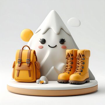 3D Hiking Adventure Icon with Mountain, Backpack and Trekking Boots