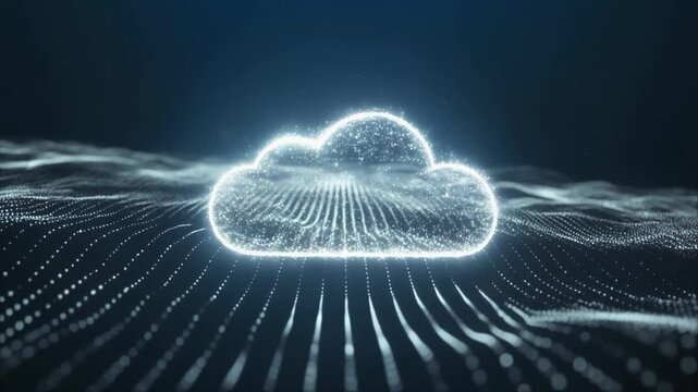Abstract digital cloud computing concept with glowing particles and data network lines.