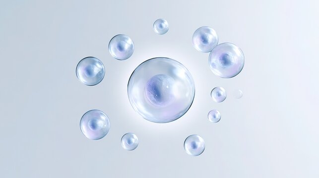 simple modern research illustration, stem cell differentiation into multiple cell types concept, soft halo around central stem cell, radiating differentiated cells outward