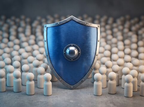 Blue Shield Standing Among Wooden Peg Figures: Concept of Protection, Security, Defense, and Leadership in a Crowd. Minimalist 3D Render for Business and Insurance.