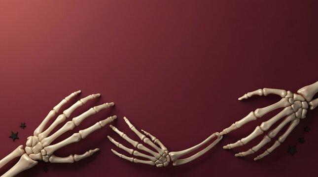 Spooky halloween background featuring realistic 3d rendered skeleton hands and a dark crimson hue