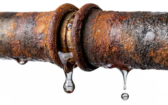 Corroded old pipe with rust texture shows dripping water drops. Metal joint connection point leaks liquid, indicating plumbing damage and system failure.