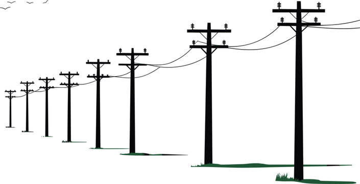Utility pole silhouette vector isolated on white background, telegraph post perspective line illustration