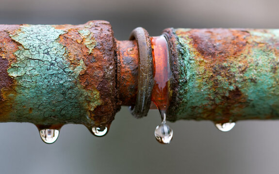 Corroded old pipe with rust texture shows dripping water drops. Metal joint connection point leaks liquid, indicating plumbing damage and system failure.
