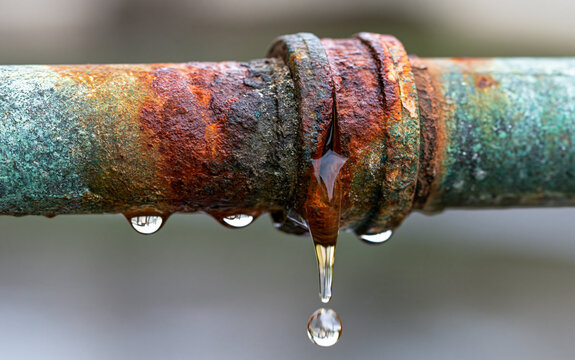 Corroded old pipe with rust texture shows dripping water drops. Metal joint connection point leaks liquid, indicating plumbing damage and system failure.