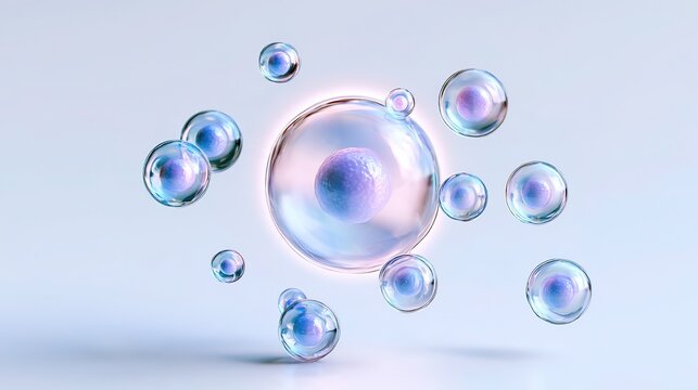simple modern research illustration, stem cell differentiation into multiple cell types concept, soft halo around central stem cell, radiating differentiated cells outward