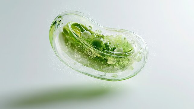 simple modern scientific visualization, chloroplast structure in plant cell, photosynthesis concept, soft flowing light‑energy particles, pale green and white palette