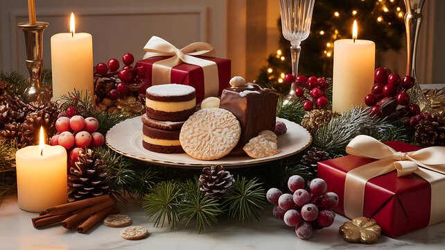 Elegant holiday dessert table with candles gifts and festive greenery decorations transparent background