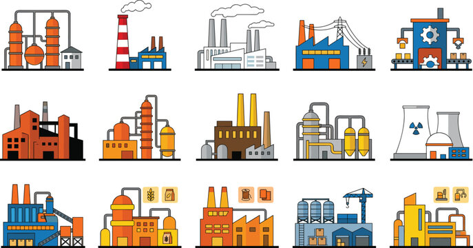 Industrial factory icon set featuring power plants chemical refineries manufacturing buildings nuclear station and construction facilities.eps