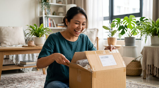 Happy young woman unboxing a delivery parcel at home in a bright living room