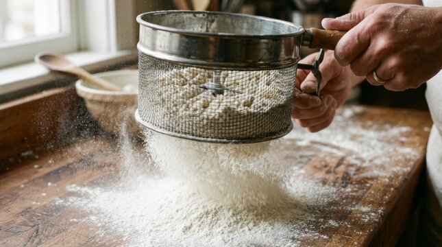 Hand pouring flour through a metal sifter onto a wooden surface