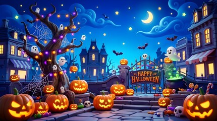 Fototapeta premium Spooky halloween night scene with glowing pumpkins and a haunted house under a full moon