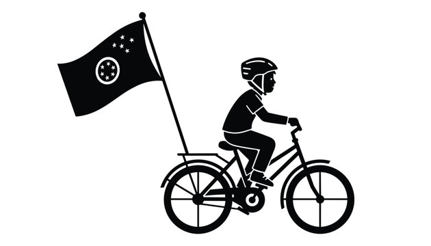 Black silhouette of a child riding a bicycle with a star circle flag attached to the back on a white background.