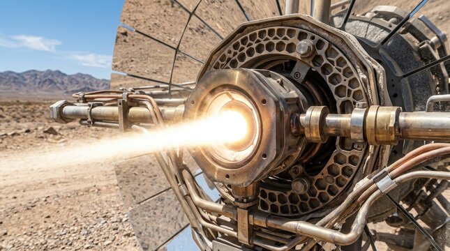 Intense beam of concentrated solar energy focused from a large technological apparatus in an outdoor desert setting