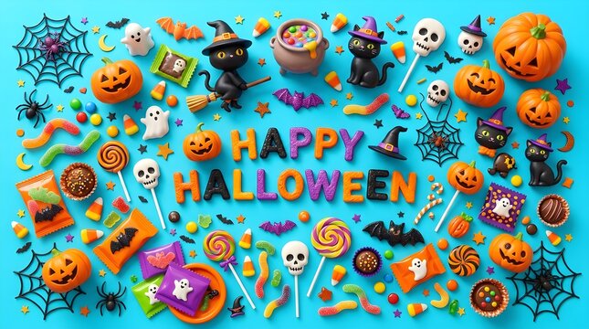 A vibrant colorful halloween assortment of candy toys and decorations spells out happy halloween