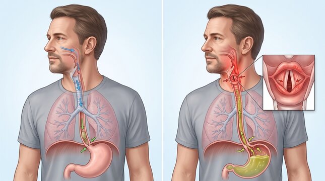 Medical illustration of GERD and airway narrowing in a male patient